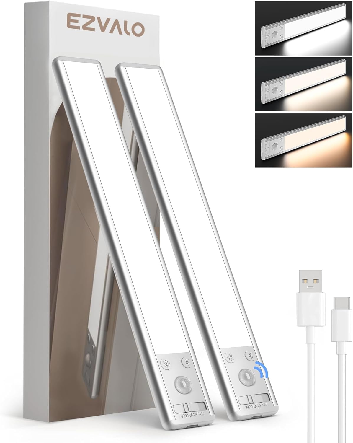 EZVALO 10inch Under Cabinet Lighting, 2500mAh Rechargeable Motion Sensor Lights Indoor with 3 Color Temps, 2 Pack Magnetic Closet Light, 80 LED Dimmable Under Counter Lights for Kitchen, Shelf, Stair - Available at All In One Marketplace Canada