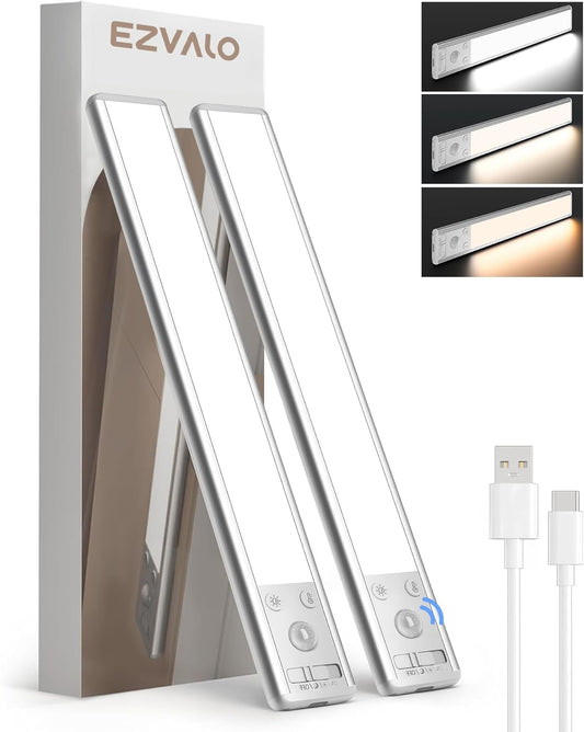 EZVALO 10inch Under Cabinet Lighting, 2500mAh Rechargeable Motion Sensor Lights Indoor with 3 Color Temps, 2 Pack Magnetic Closet Light, 80 LED Dimmable Under Counter Lights for Kitchen, Shelf, Stair - Available at All In One Marketplace Canada