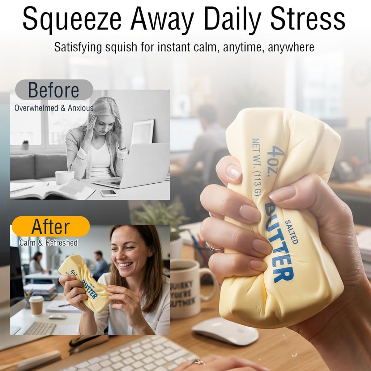4 PCS Squishy Cheese Butter, 2 PCS Squishy Butter and 2 PCS Cheese, Stress Relief Cube Block, Yellow Unbreakable Figurine Simulation Cheeses Ball (2 Cheeses+2 Butter)