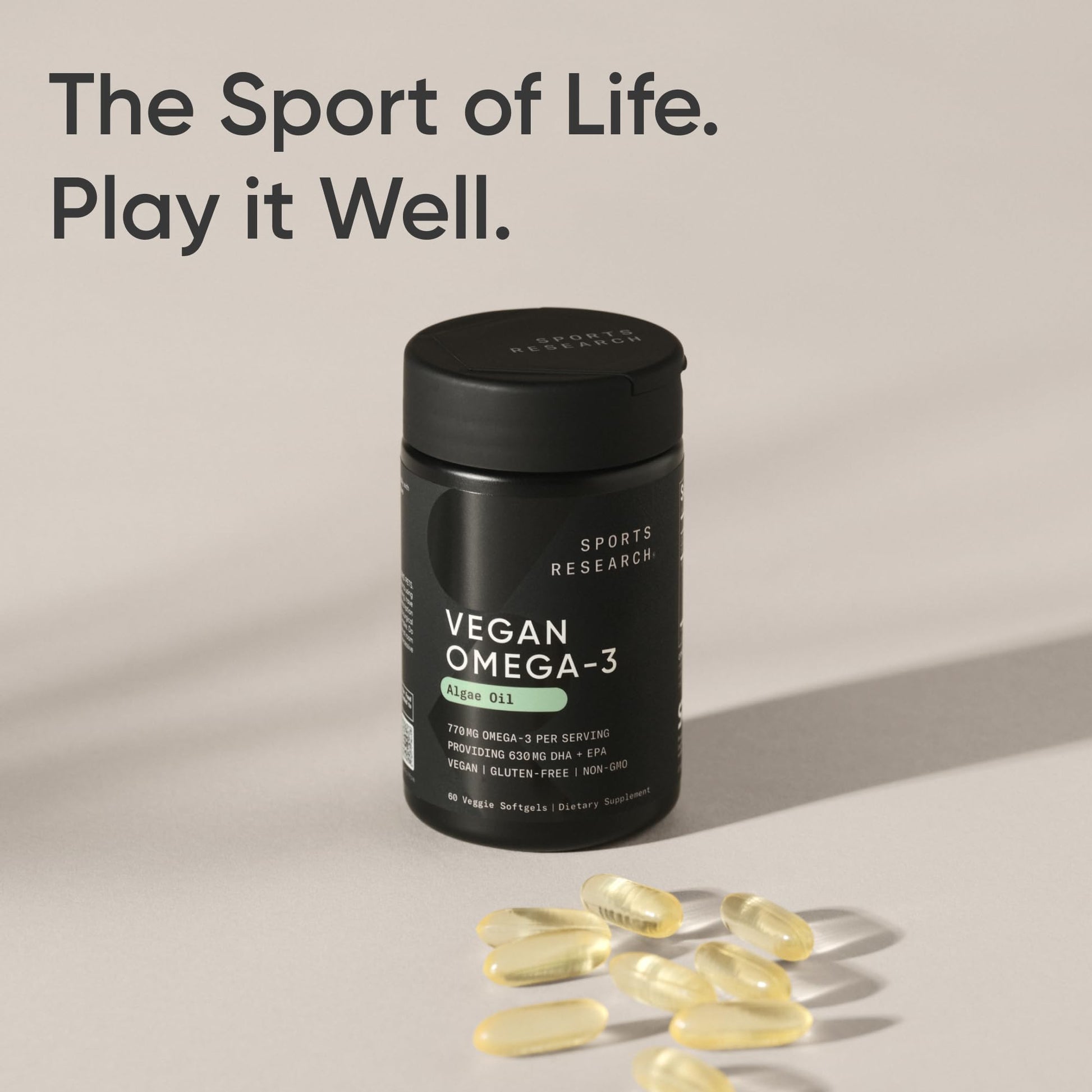 Sports Research Vegan Omega-3 Fish Oil Alternative from Algae Oil - Highest Levels of DHA & EPA Fatty Acids | Non-GMO Verified & Vegan Certified - 60 Veggie Softgels (Carrageenan Free) - Available at All In One Marketplace Canada