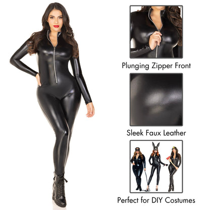 Leg Avenue Womens Wet Look Zipper Front Catsuit Sexy Halloween Costume, Black, 1X-2X