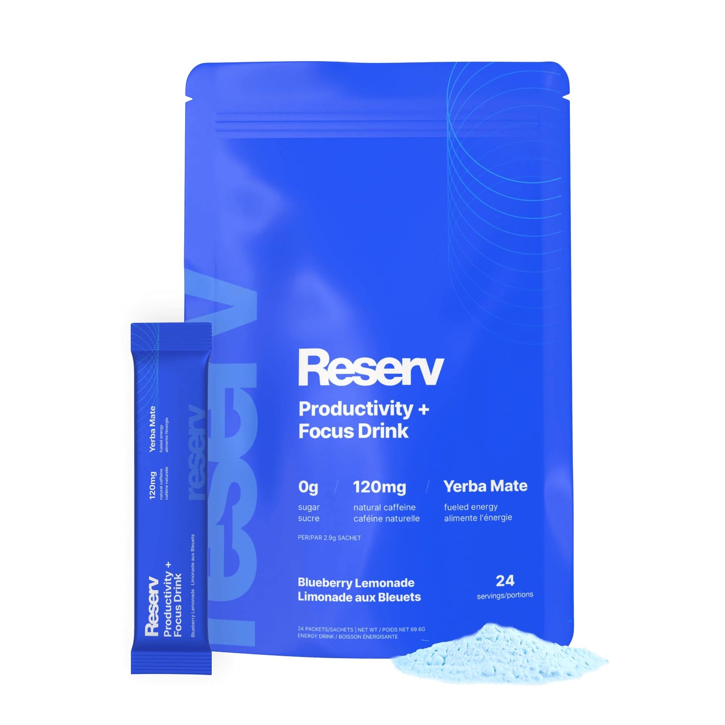 Reserv Energy Drink Powder – Blueberry Lemonade Yerba Mate Supplement – 24 Stick Packets