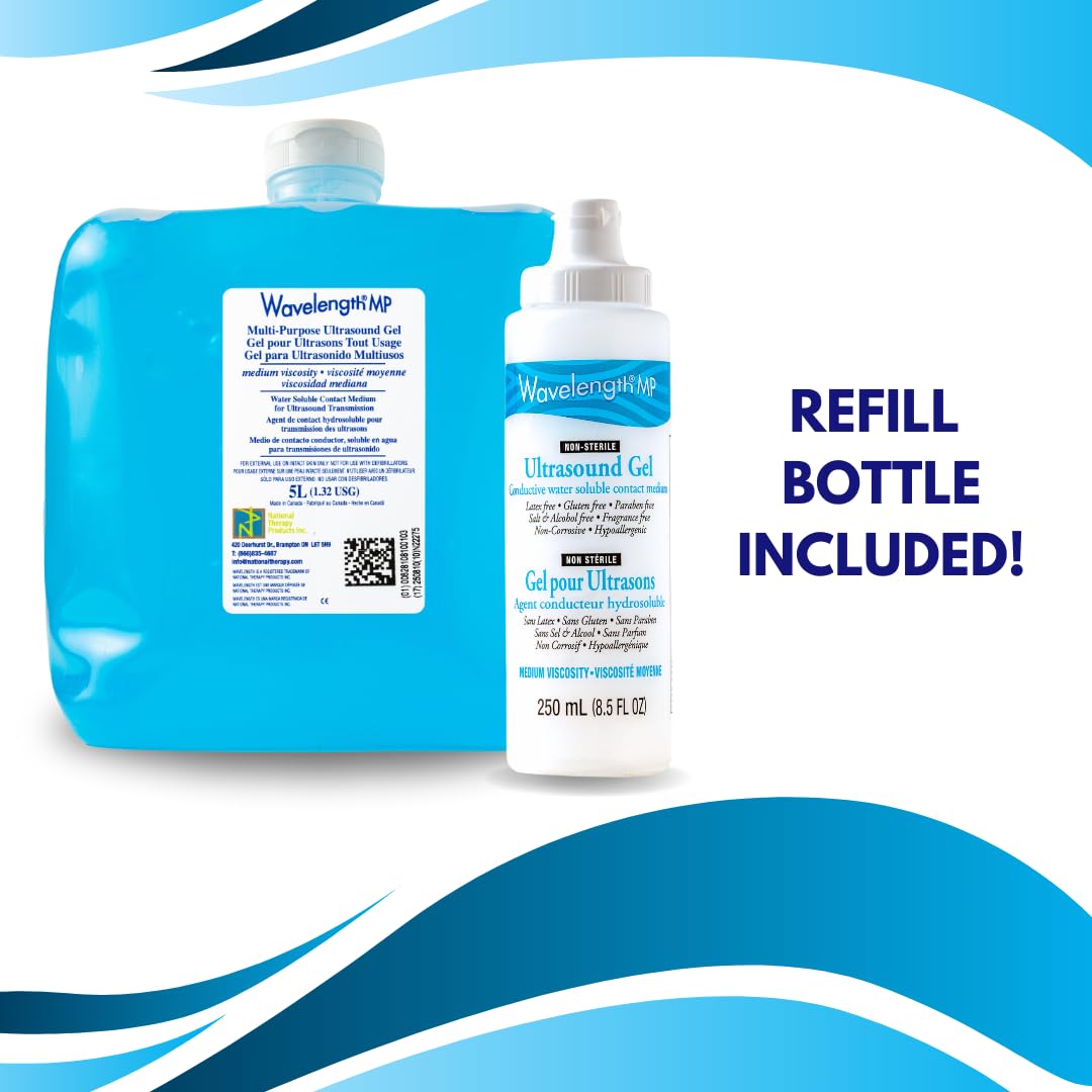 Wavelength® 5L Blue Multi-Purpose Ultrasound and Transmission Gel.1x5L Jug with Empty 250ml Refillable Bottle. Made in Canada. (1) Wavelength