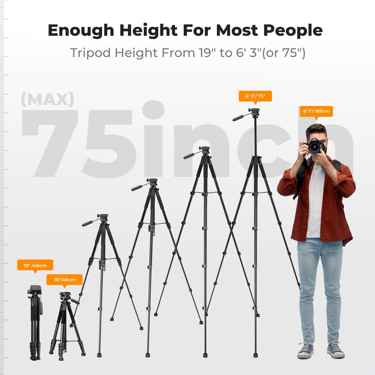 K&F CONCEPT 75" Lightweight Tripod, Camera Compact Tripod with Remote and 2-in-1 Phone Holder,Travel Phone Tripod with Removable 3-Way Pan Head for Selfie/Video Recording/Photo/Live Stream/Vlog