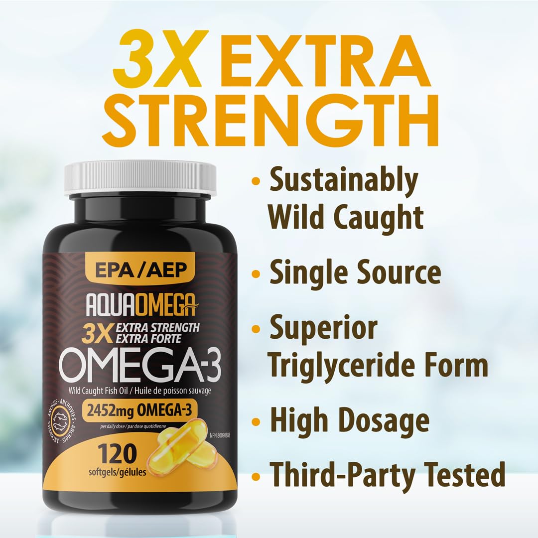 AQUAOMEGA 3X Extra Strength High EPA Fish Oil Omega 3 Supplements, Wild Caught Triple Strength Omega 3 Fish Oil Capsules with EPA, DHA and Vitamin D, Omega3 Supplements Made in Canada,120 Softgels - Available at All In One Marketplace Canada