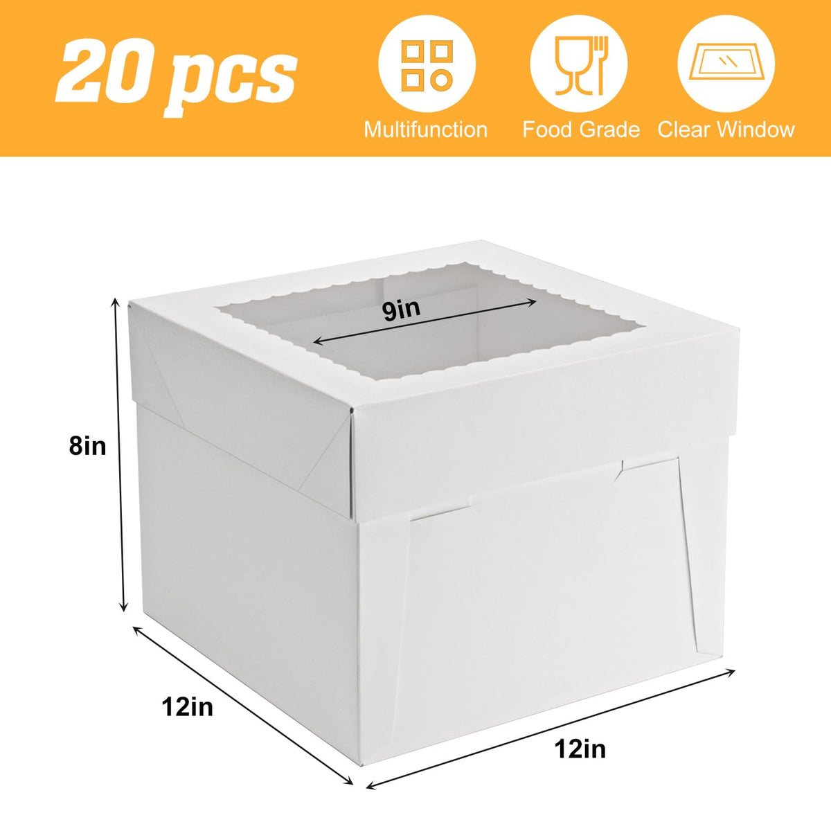 20 Pack Bakery Cake Box with Window, White Cake Boxes Large Baking Boxes Square Cardboard Cake Box for Cakes, Pastries, Cookies, Pie, Treats (12''x12''x8'') 🍁 All In One Marketplace Canada