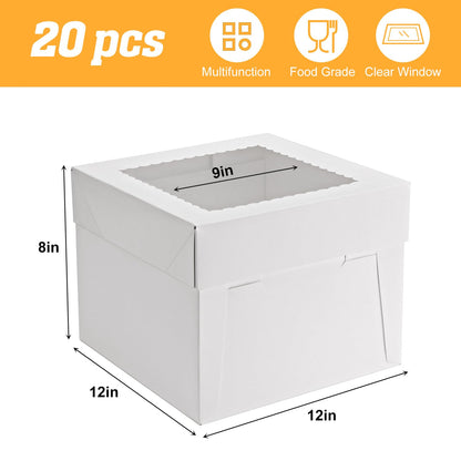 20 Pack Bakery Cake Box with Window, White Cake Boxes Large Baking Boxes Square Cardboard Cake Box for Cakes, Pastries, Cookies, Pie, Treats (12''x12''x8'') 🍁 All In One Marketplace Canada