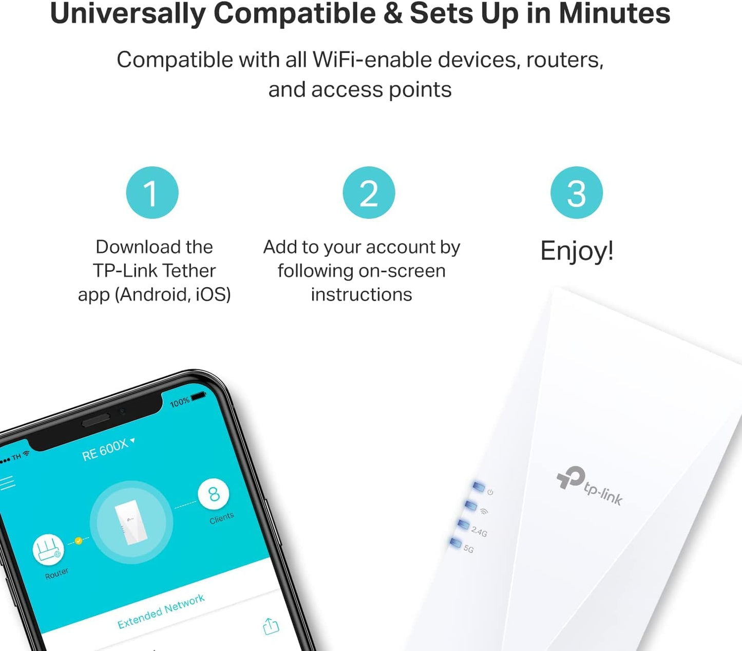 TP-Link AX1800 WiFi Extender Internet Booster (RE600X) - WiFi 6 Range Extender Covers up to 1500 sq.ft and 30 Devices, Dual Band, AP Mode w/Gigabit Port, APP Setup TP-Link