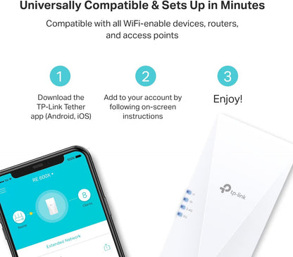 TP-Link AX1800 WiFi Extender Internet Booster (RE600X) - WiFi 6 Range Extender Covers up to 1500 sq.ft and 30 Devices, Dual Band, AP Mode w/Gigabit Port, APP Setup TP-Link