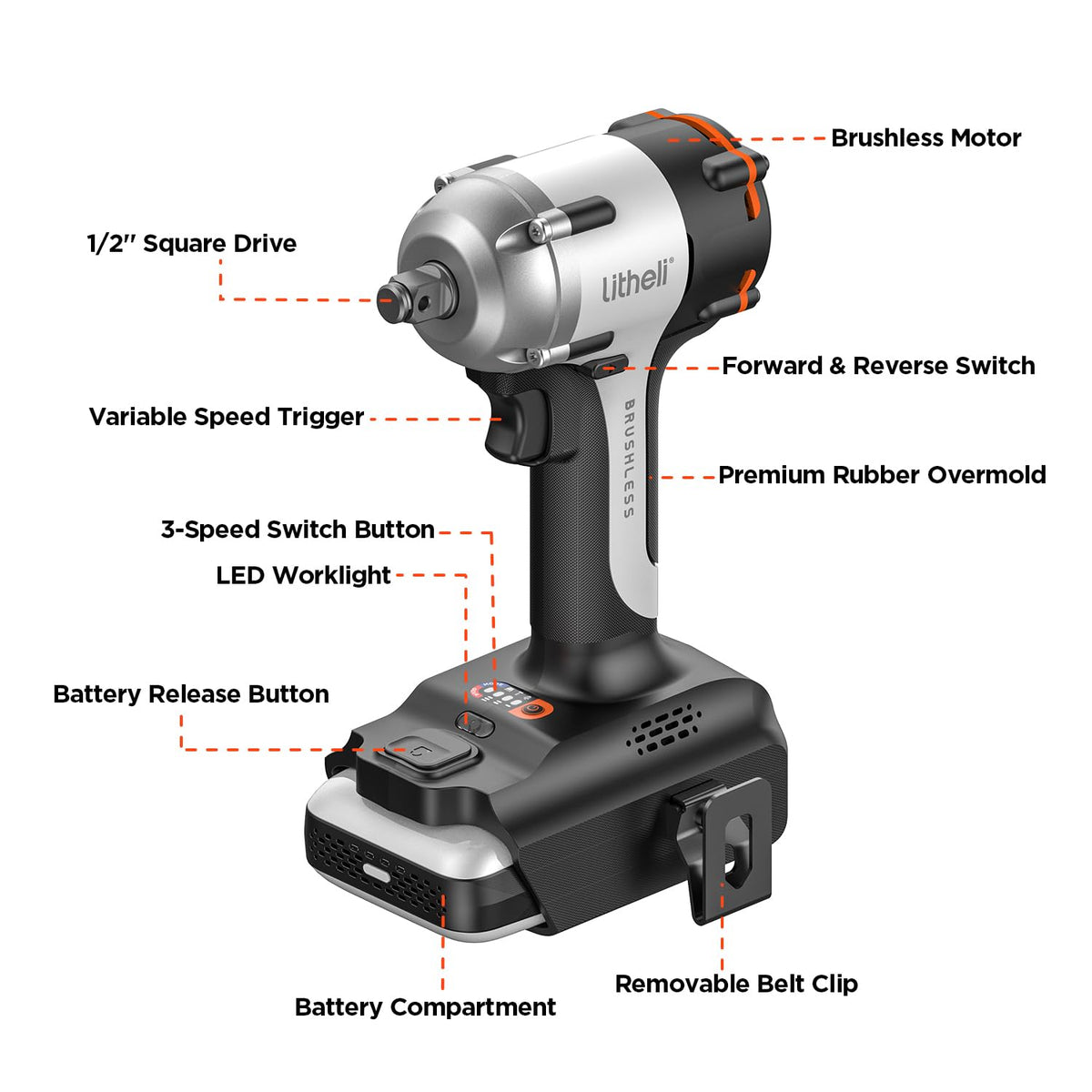 Litheli 20V Brushless Impact Wrench 1/2 inch, Max 330Ft-lbs (450N.m) High Torque Impact Gun, 2500RPM Variable Speed, 2.5Ah Battery for Car Tires, Heavy Duty Bolts & Home DIY (Charger Not Included)