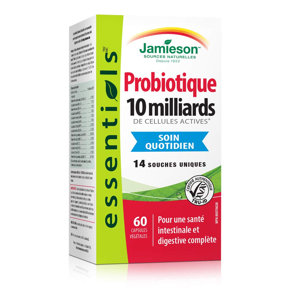 Jamieson Probiotic 10 Billion CFU, 60 Veggie Capsules, Daily Maintenance, Intestinal & Digestive Health. 14 Unique Strains to Improve Microbial Diversity, Bifidobacterium and Lactobacillus, Non-GMO