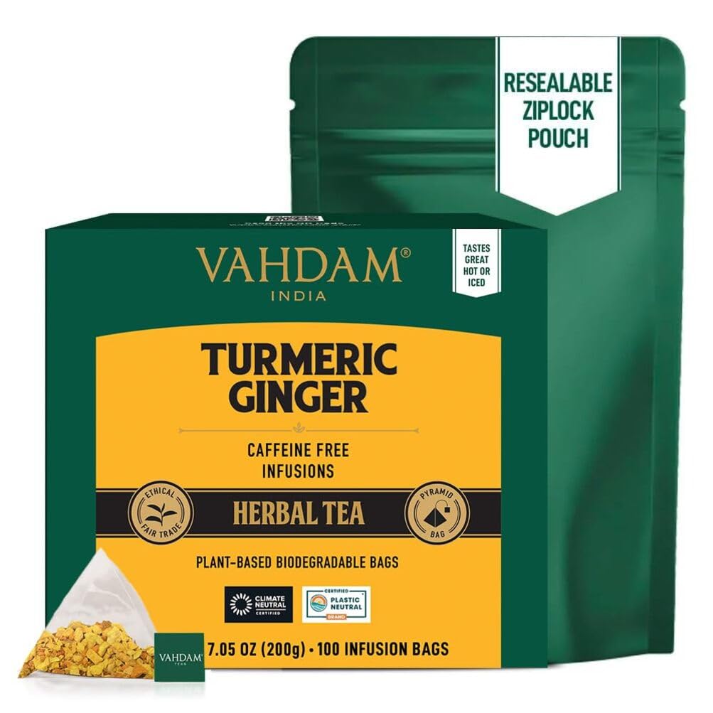 VAHDAM Turmeric Ginger Herbal Tea - 100 Pyramid Tea Bags | Caffeine Free, Non-GMO, Gluten Free