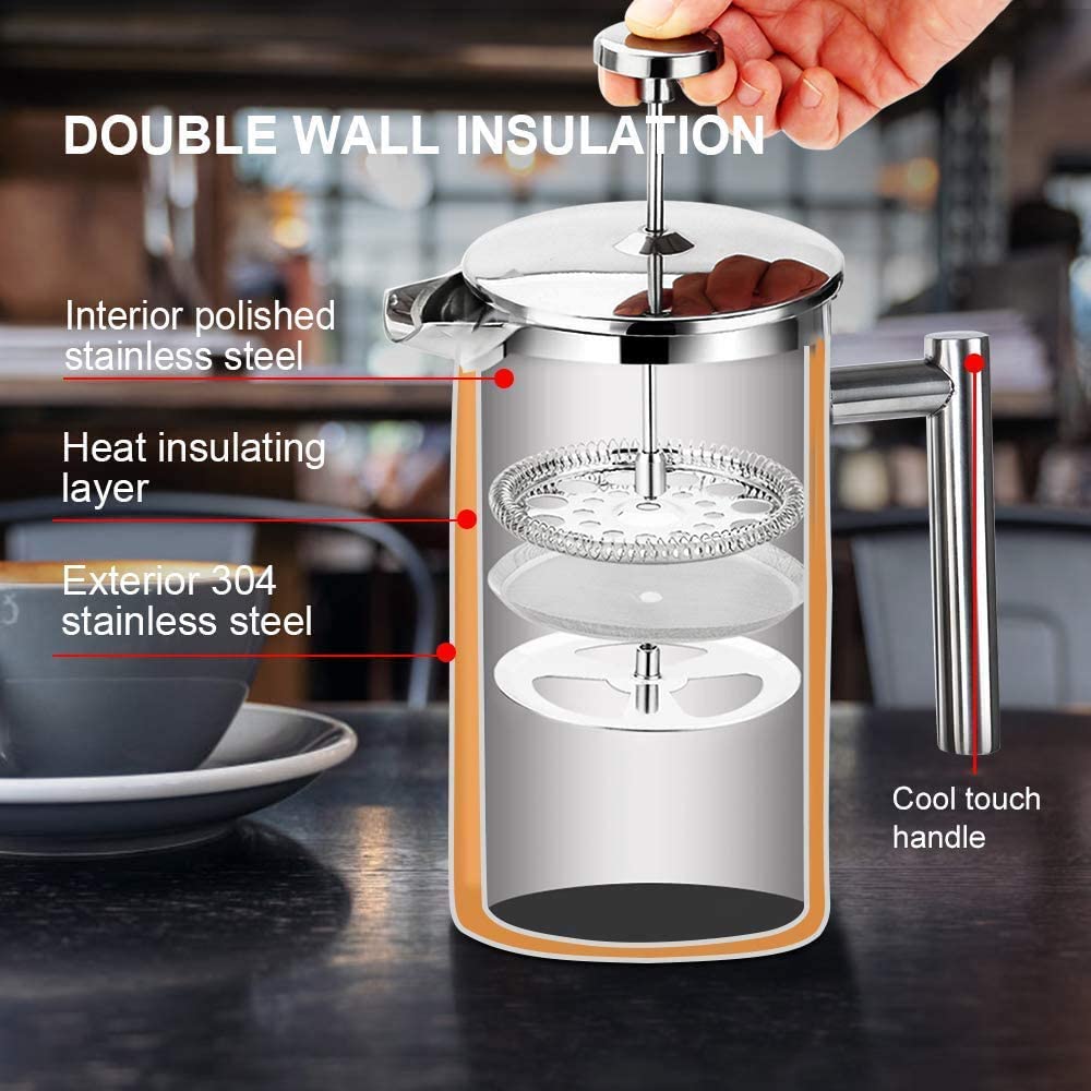 Secura French Press Coffee Maker, 304 Grade Stainless Steel Insulated Coffee Press with 2 Extra Screens, 34oz (1 Litre), Silver - Available at All In One Marketplace Canada