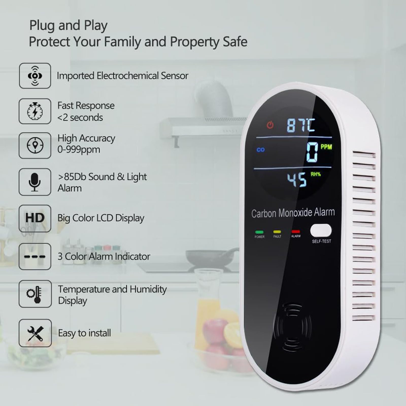 3-in-1 Carbon Monoxide Detector, Carbon Monoxide Detector Plug in Wall with Temperature & Humidity Display, CO Alarm Monitor with Color LCD Display, Accurate & Easy to Install - Available at All In One Marketplace Canada