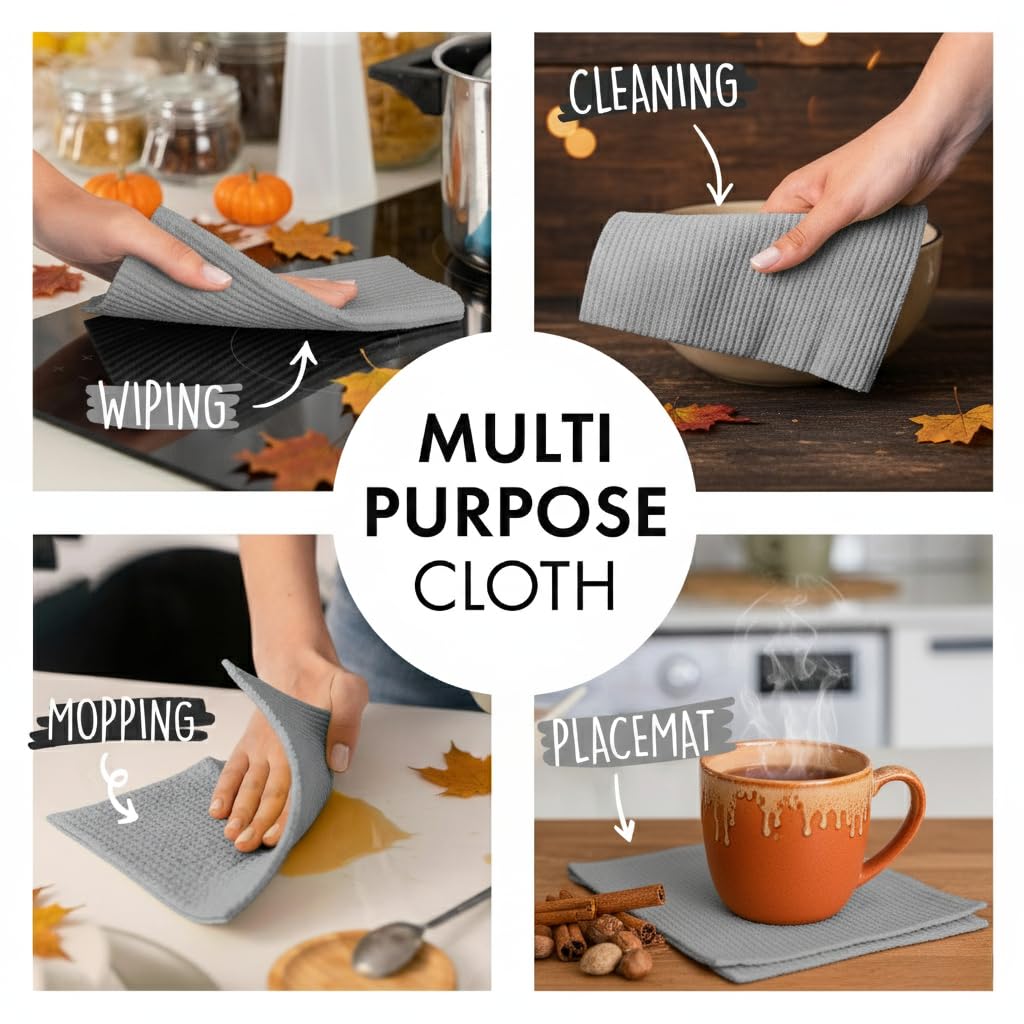 SUPERSCANDI 10 Pack Swedish Dish Cloths for Kitchen - 100% Biodegradable & Compostable | Washable Kitchen Cloths, Food-Safe & Without Plastic - Reusable Paper Towel for Any Surface | Grey - Available at All In One Marketplace Canada