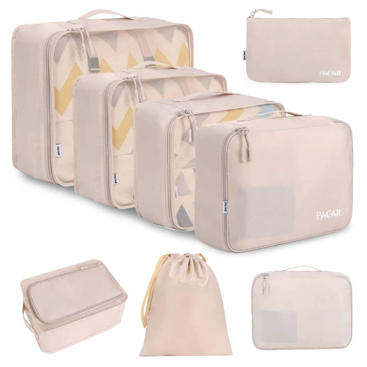 BAGAIL 8 Set Packing Cubes, Lightweight Travel Luggage Organizers with Shoe Bag, Toiletry Bag & Laundry Bag (Cream) - Available at All In One Marketplace Canada