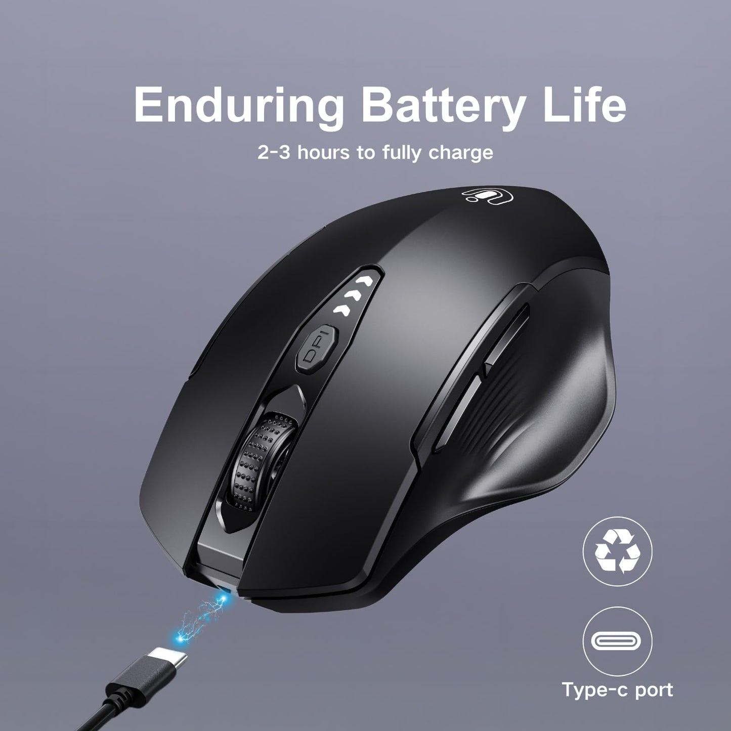 Bluetooth Mouse,[Upgraded] Wireless Mouse Rechargeable,Tri-Mode (BT 5.0/4.0+2.4G Hz),Computer Mouse with Visible Battery Level, 4 Adjustable DPI, Portable PC Mouse for MacBook Chromebook,Black