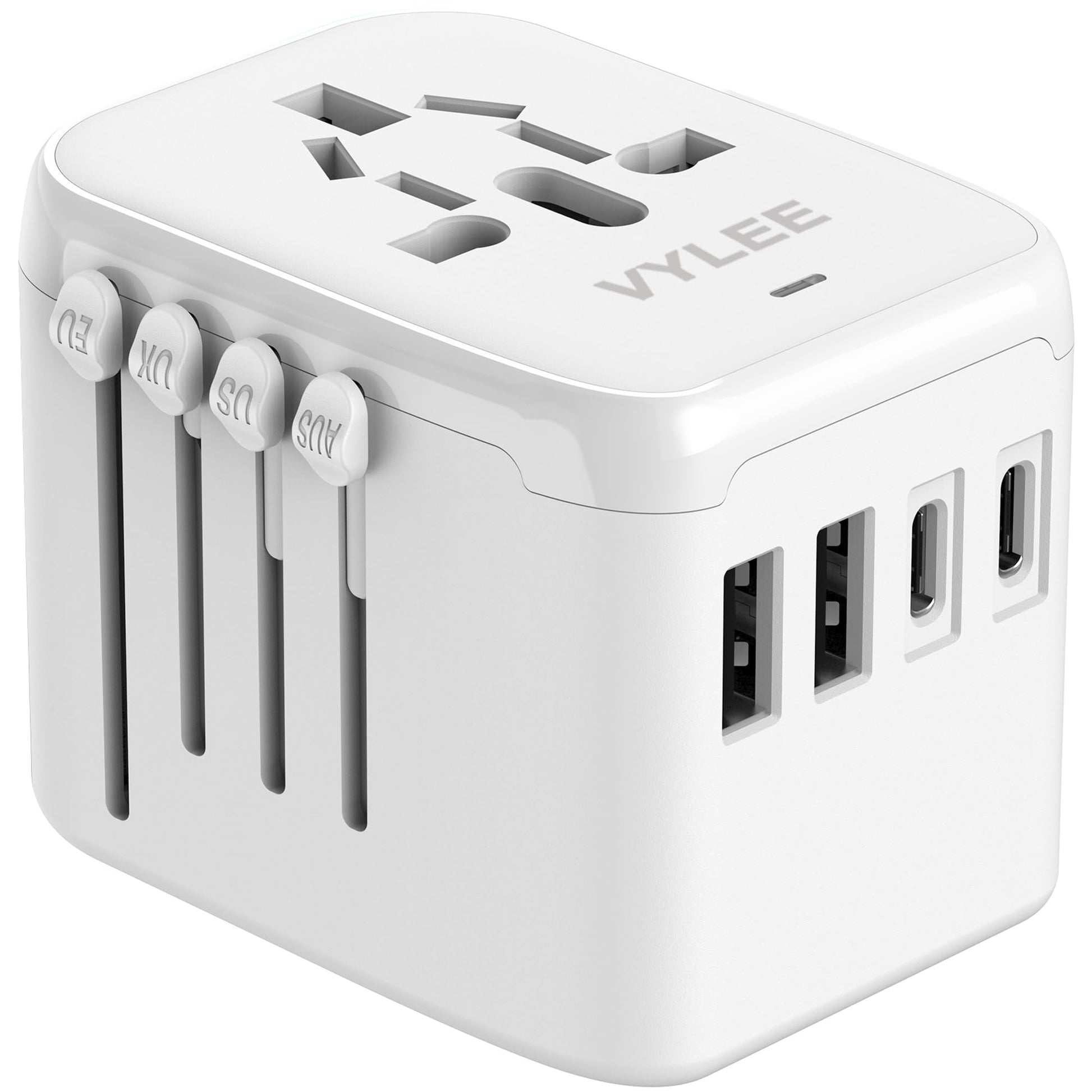 VYLEE Universal International Power Travel Plug Adapter, 5 in 1 European Travel Plug Adapter W/ 3.5A 2xUSB-A and 2xUSB C Wall Charger and Worldwide AC Outlet for Europe USA UK AUS Asia (White)