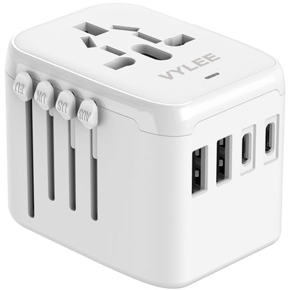 VYLEE Universal International Power Travel Plug Adapter, 5 in 1 European Travel Plug Adapter W/ 3.5A 2xUSB-A and 2xUSB C Wall Charger and Worldwide AC Outlet for Europe USA UK AUS Asia (White)
