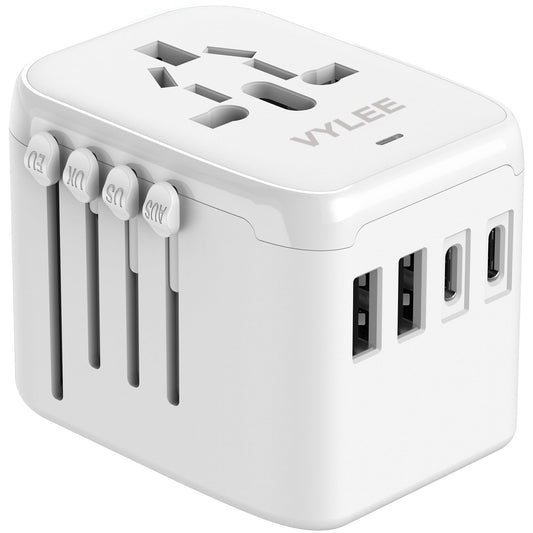 VYLEE Universal International Power Travel Plug Adapter, 5 in 1 European Travel Plug Adapter W/ 3.5A 2xUSB-A and 2xUSB C Wall Charger and Worldwide AC Outlet for Europe USA UK AUS Asia (White)