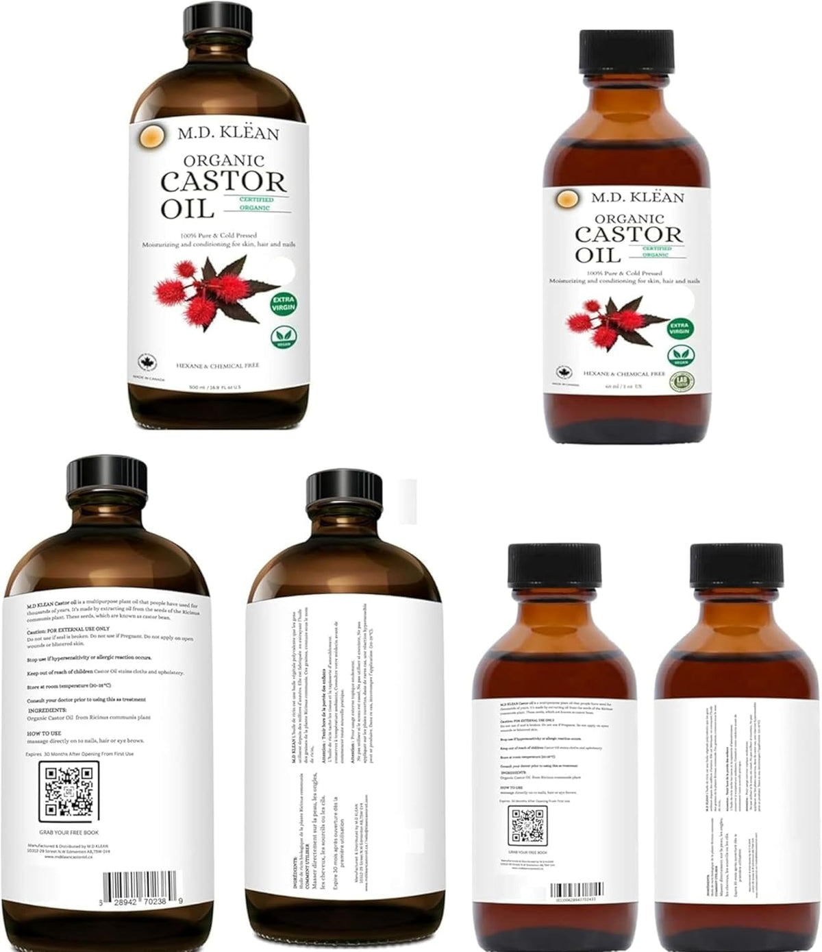 M.D. KLEAN Castor Oil Pure Cold Pressed (610 ml) Amber Glass Bottles | BPA Free Pump inc | Hexane Free| Lab Tested, Skin Moisturizer, Enhance Collagen | Holiday Gift (Free Roller Ball 50ml) 🍁 All In One Marketplace Canada