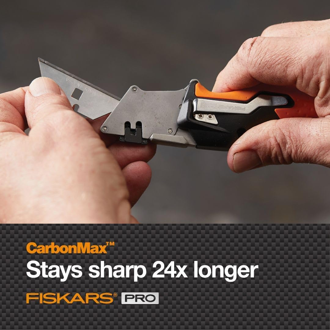 Fiskars Pro Retractable Folding Utility Knife, Box Cutter with Long-Lasting CarbonMax Razor Blade and Dual Lock Safety, Orange/Black Fiskars