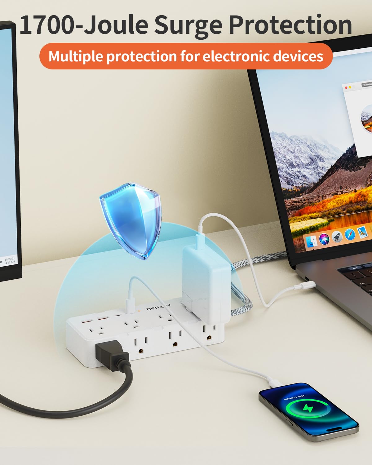 DEPOW Power Bar Surge Protector with 5FT Braided Flat Extension Cord, Wall Mount Charging Station with 8 Outlets 4 USB Ports(2 USB C), Ultra Thin Flat Plug for Home Office, Dorm, Hotel, Travel - Available at All In One Marketplace Canada