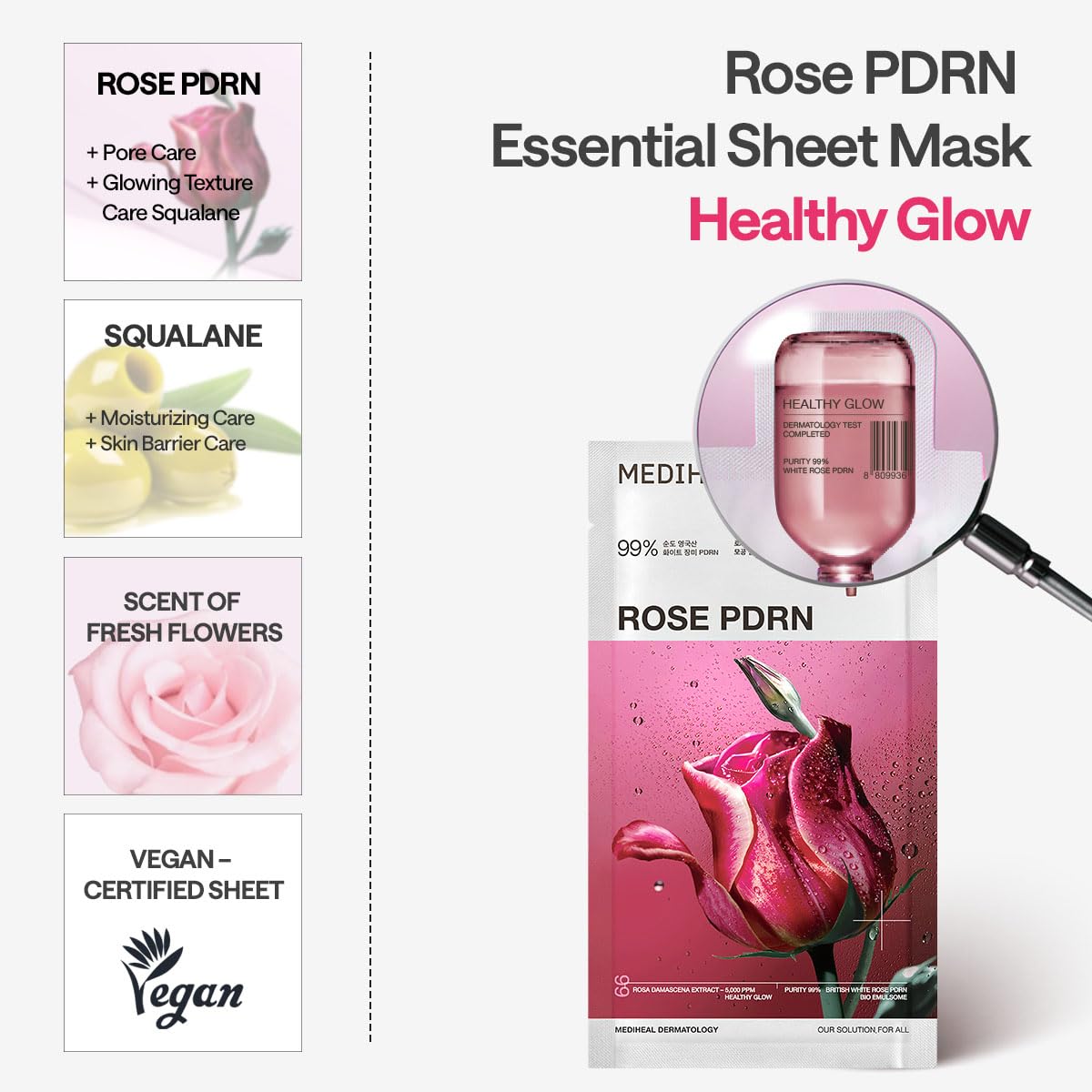 MEDIHEAL Rose PDRN Essential Face Mask - Healthy Glow with Squalane & Vitamin C, Hydrating & Firming, Pore Minimizer & Moisture Barrier, Vegan, Korean Skincare for Women (10 Sheets)