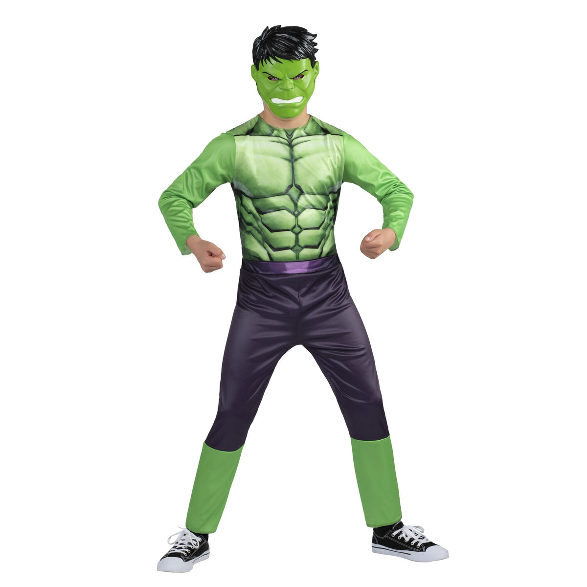 Costume d'Halloween officiel Marvel Hulk pour enfant - Combinaison en tissu de qualité supérieure avec motif imprimé et masque en plastique (Grand) Vert