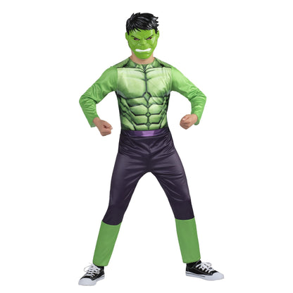Costume d'Halloween officiel Marvel Hulk pour enfant - Combinaison en tissu de qualité supérieure avec motif imprimé et masque en plastique (Grand) Vert