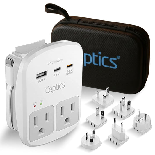 Ceptics World Travel Adapter Kit - 2 USB + 2 US Outlets, Surge Protection, Plug for Europe, UK, China, Australia, Japan - Perfect for Laptop, Cell Phones (Does Not Convert Voltage) (WPS-2B+)