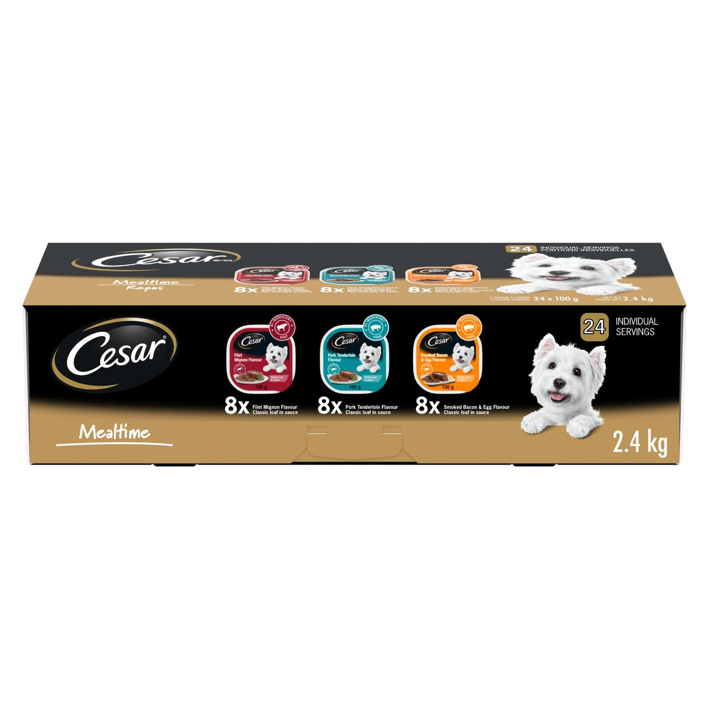 CESAR Classic Loaf in Sauce Adult Wet Dog Food Mealtime Variety Pack, with 8 Filet Mignon, 8 Pork Tenderloin & 8 Smoked Bacon & Egg Flavours, 24x100g Trays
