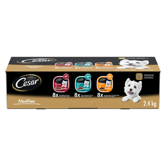 CESAR Classic Loaf in Sauce Adult Wet Dog Food Mealtime Variety Pack, with 8 Filet Mignon, 8 Pork Tenderloin & 8 Smoked Bacon & Egg Flavours, 24x100g Trays