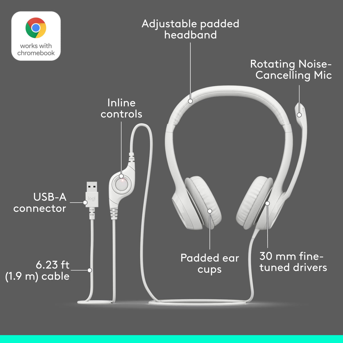 Logitech H390 Wired Headset PC/Laptop Stereo Headphones, USB-A, Off-White