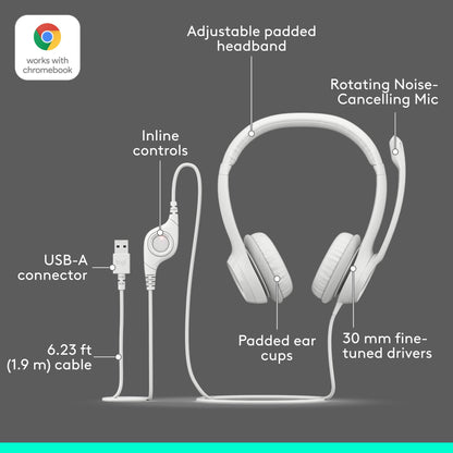 Logitech H390 Wired Headset PC/Laptop Stereo Headphones, USB-A, Off-White