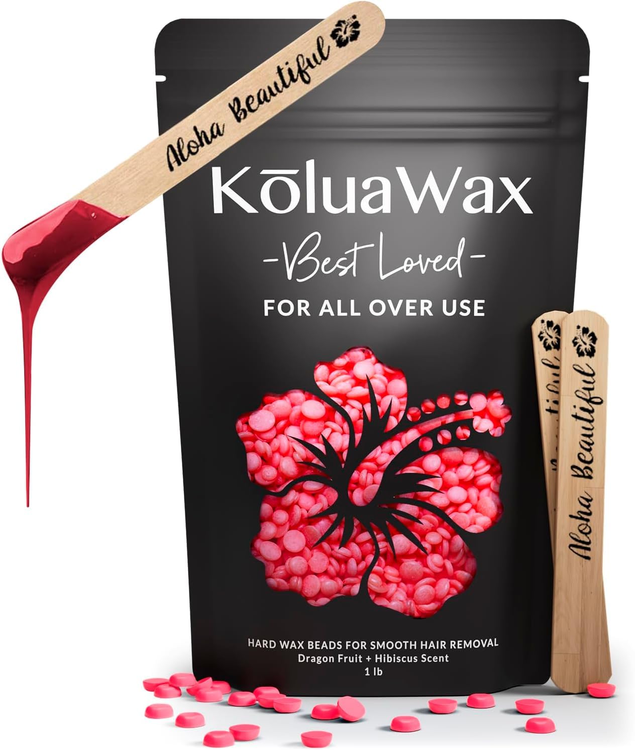 KoluaWax Hard Wax Beads for Hair Removal - Waxing Beads, Wax Beads for Sensitive Skin, Wax Beads for Brazilian Waxing, Wax Hair Removal with 10 Applicator Sticks, 1 Lb (450g) Dragon Fruit & Hibiscus - Available at All In One Marketplace Canada
