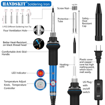 HANDSKIT Soldering Iron Kit, 60W Adjustable Temperature Welding Tool, 5pcs Soldering Iron Tip, Soldering Iron Stand, Desoldering Pump, Tweezers, Solder Wire, Carry Bag
