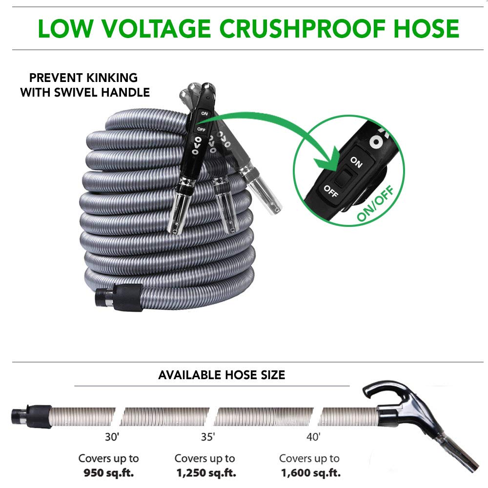 OVO Universal Central Vacuum Low Voltage Hose, Switch Control at The Handle, Fits Most Inlets, Crushproof, 35ft
