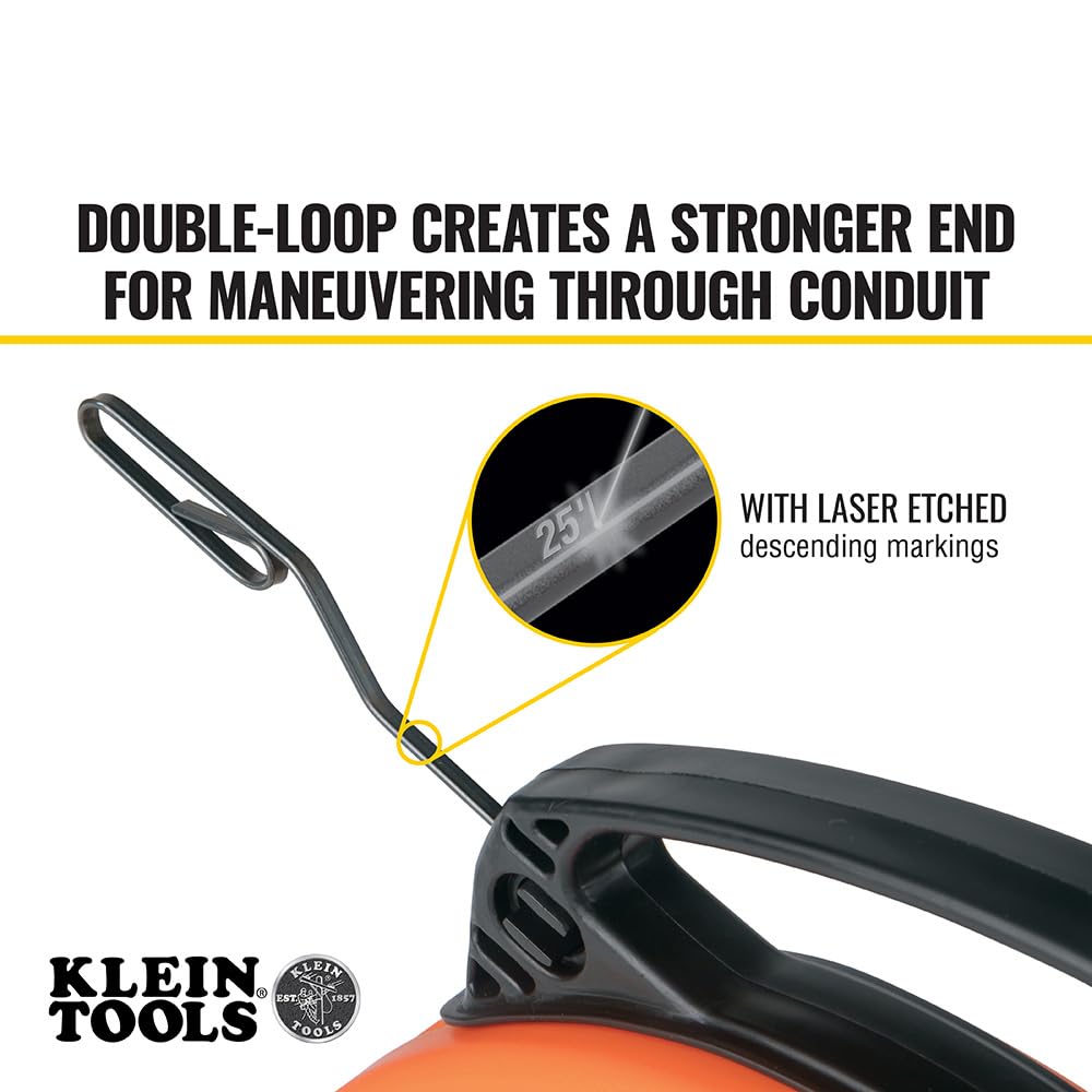 Klein Tools 56331 50-Foot Electrical Fish Tape, Steel Wire Puller with Double Loop Tip, Optimized Housing and Handle, 1/8-Inch,Orange/Black KLEIN TOOLS
