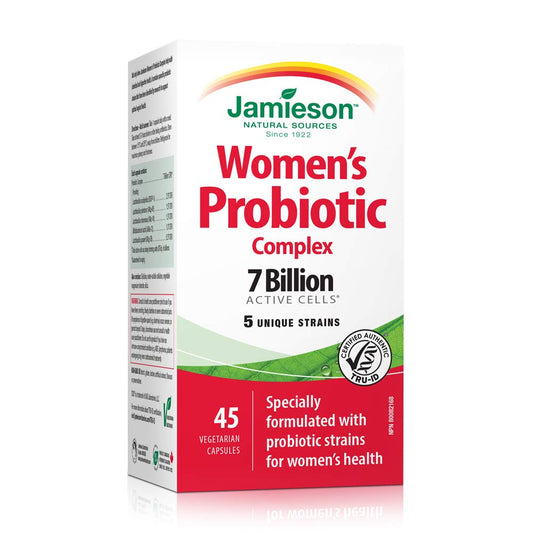 Jamieson Women's Probiotic Complex 7 Billion Active Cells, Supports Digestive Health, Intestinal Health, Gut Flora, and Vaginal Health with Lactobacillus and Bifidobacterium, Non-GMO, Gluten-Free, 45 Vegetarian Capsules