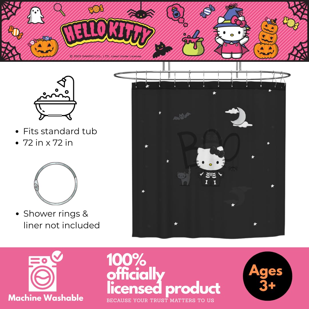 Ensemble de rideau de douche Hello Kitty squelette d'Halloween Sanrio de 13 pièces, rideau en tissu de 183 x 183 cm avec crochets, décoration de salle de bain, lavable en machine (produit sous licence officielle à 100 %) par Franco Collectibles