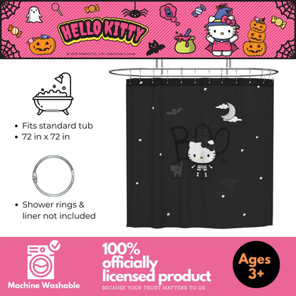 Ensemble de rideau de douche Hello Kitty squelette d'Halloween Sanrio de 13 pièces, rideau en tissu de 183 x 183 cm avec crochets, décoration de salle de bain, lavable en machine (produit sous licence officielle à 100 %) par Franco Collectibles