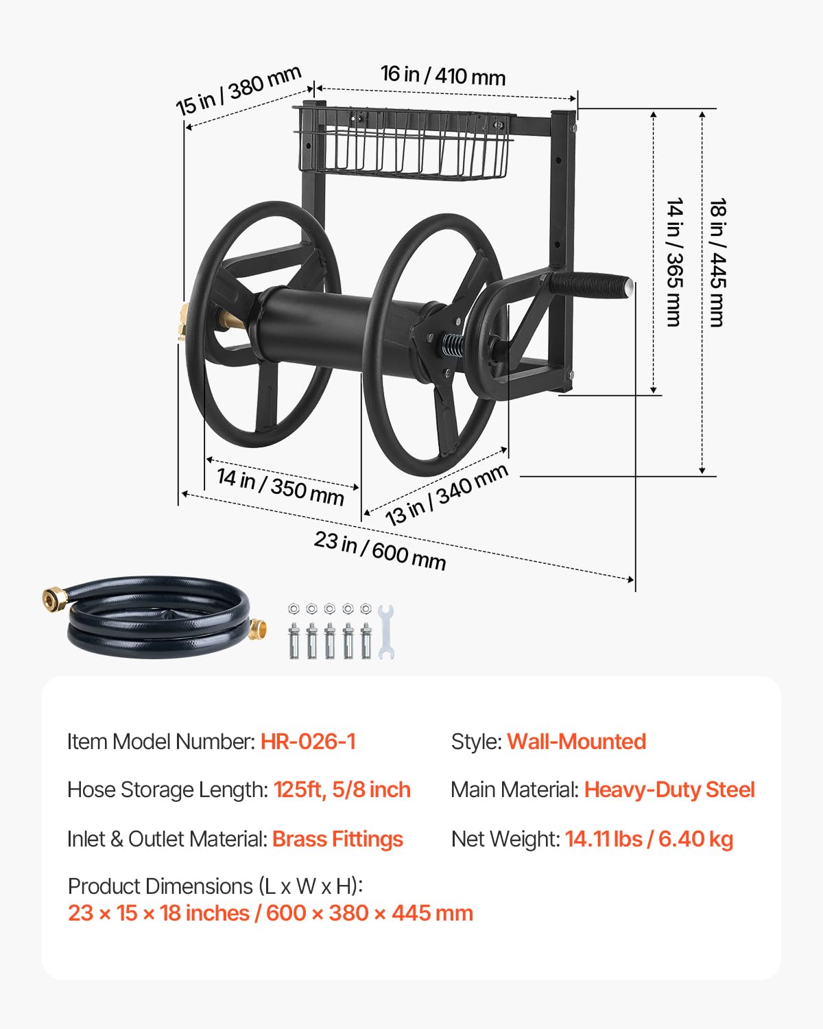 VEVOR Wall Mounted Garden Hose Reel, Holds 125 ft 5/8-inch Hose, Heavy-Duty Water Hose Winder, Space-Saving Design, Outdoor Manual Reel with Brass Fitting and Storage Basket for Yard Lawn VEVOR
