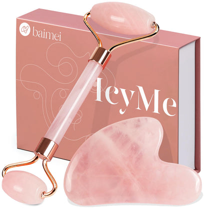 BAIMEI IcyMe Rose Quartz Roller & Gua Sha Set, Cooling Face Roller for Depuffing & Lymphatic Massage, Sculpting Tool for Face, Eyes & Neck, Smooth Skincare Gift for Women and Men - Available at All In One Marketplace Canada
