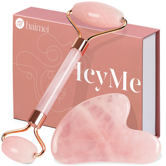 BAIMEI IcyMe Rose Quartz Roller & Gua Sha Set, Cooling Face Roller for Depuffing & Lymphatic Massage, Sculpting Tool for Face, Eyes & Neck, Smooth Skincare Gift for Women and Men - Available at All In One Marketplace Canada