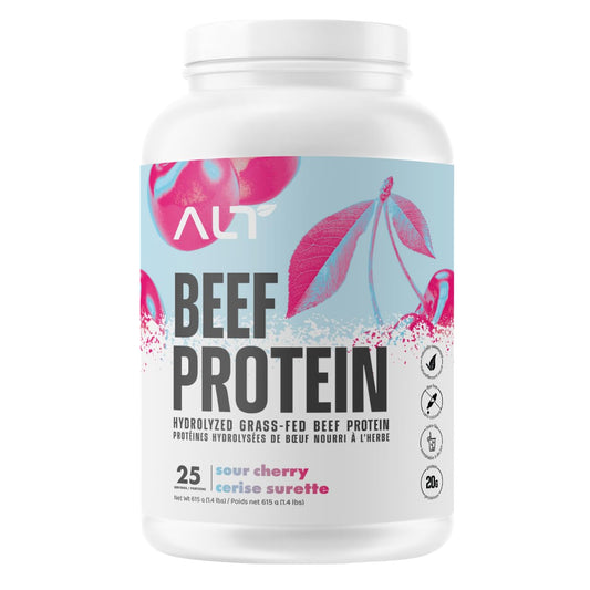 Poudre d'isolat de protéine de bœuf nourri à l'herbe ALT Nutrition | 20 g de protéines d'isolat de bœuf hydrolysé, sans produits laitiers | Texture claire et lisse semblable à un jus | Arômes naturels, 25 portions (cerise sure)