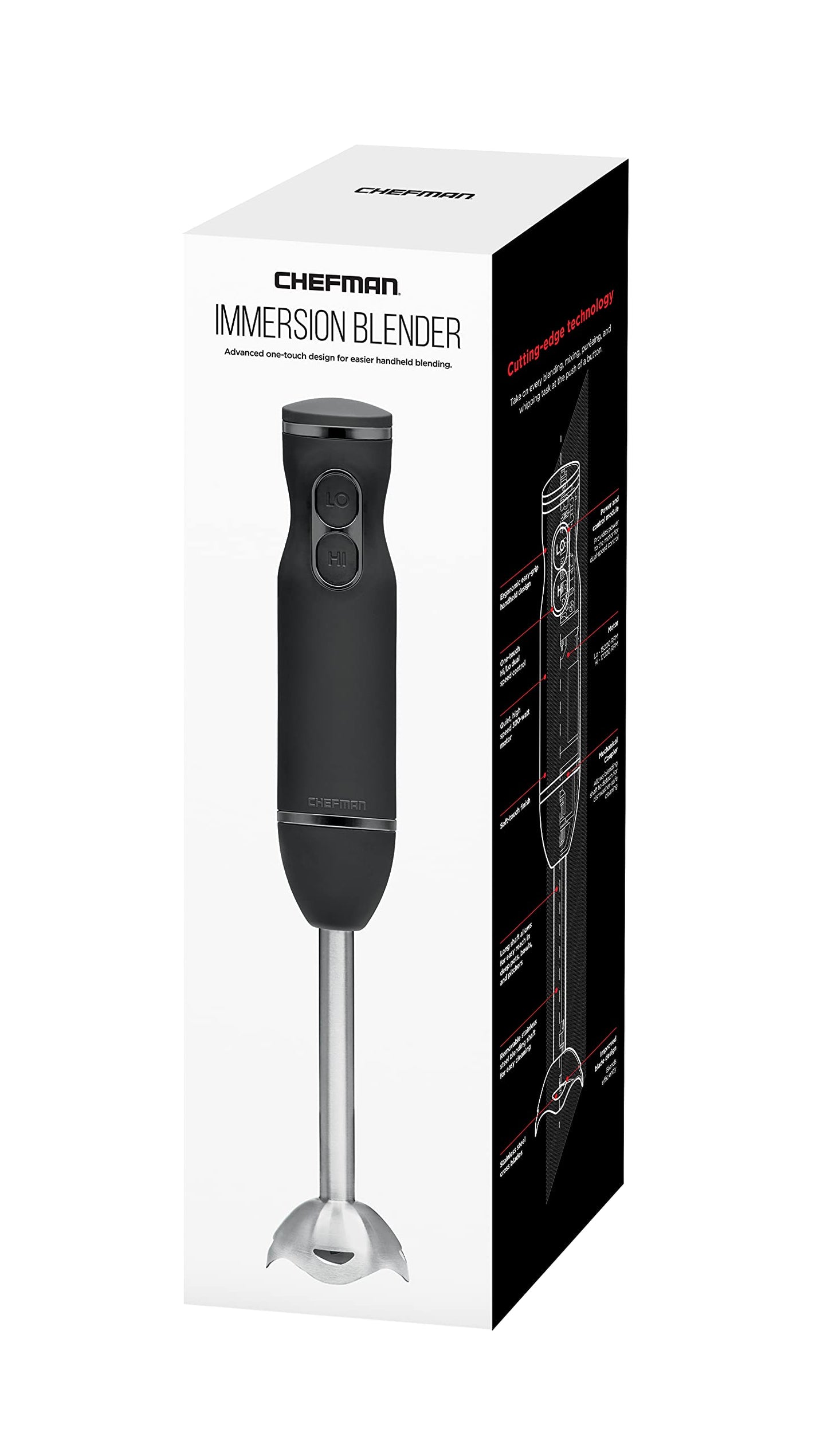 Chefman Immersion Blender, 300W Hand Blender with Stainless Steel Blades, Powerful Electric Ice Crushing 2-speed Control Handheld Food Mixer, Purées, Smoothies, Shakes, Sauces & Soups, Black Chefman