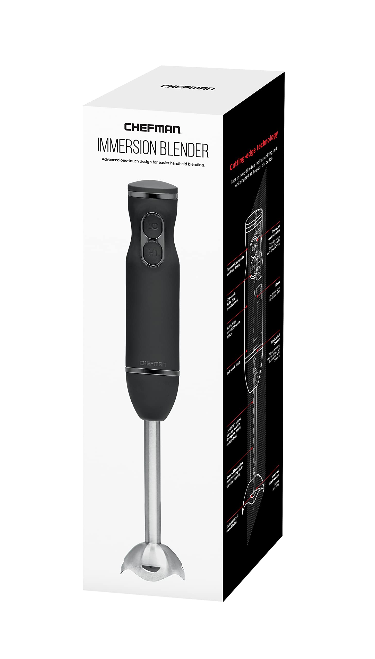 Chefman Immersion Blender, 300W Hand Blender with Stainless Steel Blades, Powerful Electric Ice Crushing 2-speed Control Handheld Food Mixer, Purées, Smoothies, Shakes, Sauces & Soups, Black Chefman