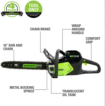 Greenworks PRO 80V 16-Inch Brushless Cordless Chainsaw | Battery Powered Electric Handheld Chainsaw | Auto Oiler Portable for Garden Yard Tree Felling, Firewood Cutting Logging Pruning, Tool Only
