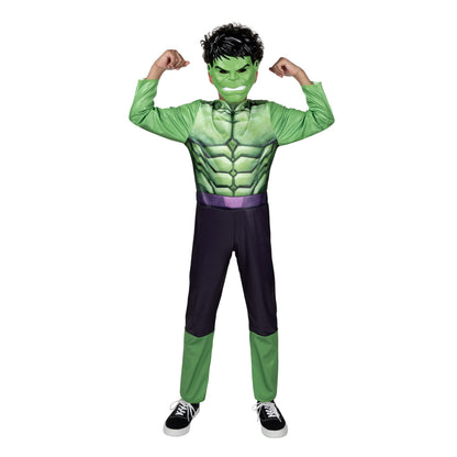 Costume d'Halloween officiel Marvel Hulk pour enfant - Combinaison en tissu de qualité supérieure avec motif imprimé et masque en plastique (Grand) Vert